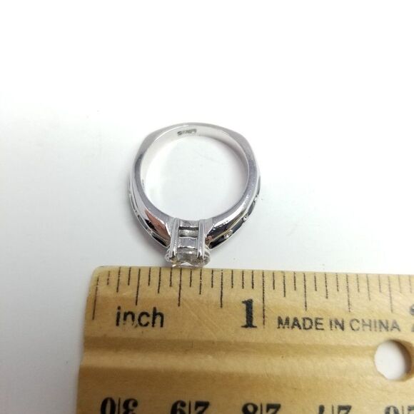 Vintage Rhinestone Solitare Silver Tone Ring with Black Enamel, Unique Design - Picture 3 of 7